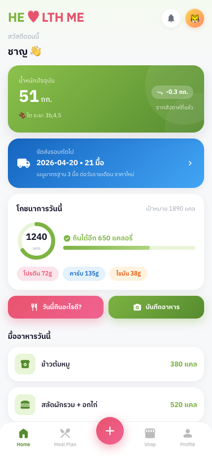 หน้าจอหลักของแอป Health Me แสดงน้ำหนัก ระยะของโรคไต และเป้าหมายแคลอรี่วันนี้